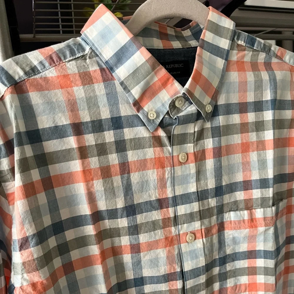 Banana Republic‎ Men's Blue and Orange Plaid Shirt